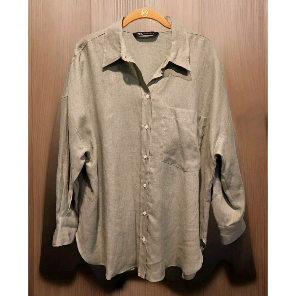 Zara 100% Linen 3/4 Sleeve Button Up Shirt Muted Green Sz L Minimalist Beachy